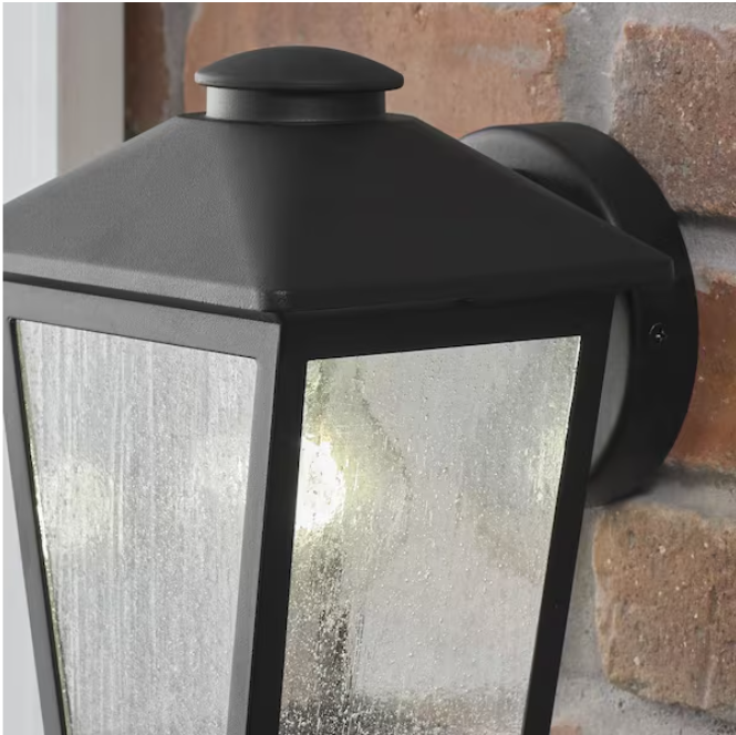 Hampton Bay Malena 1-Light Black Hardwired Outdoor Wall Lantern Sconce Light with Clear Seeded Glass