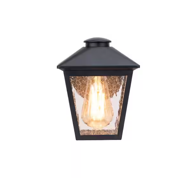 Hampton Bay Malena 1-Light Black Hardwired Outdoor Wall Lantern Sconce Light with Clear Seeded Glass