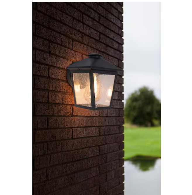 Hampton Bay Malena 1-Light Black Hardwired Outdoor Wall Lantern Sconce Light with Clear Seeded Glass