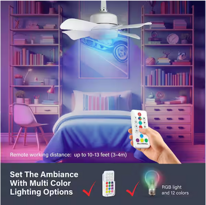 Bell + Howell 15.7 in. Indoor White Ceiling Fan with Remote, RGB CCT LED Light, Socket