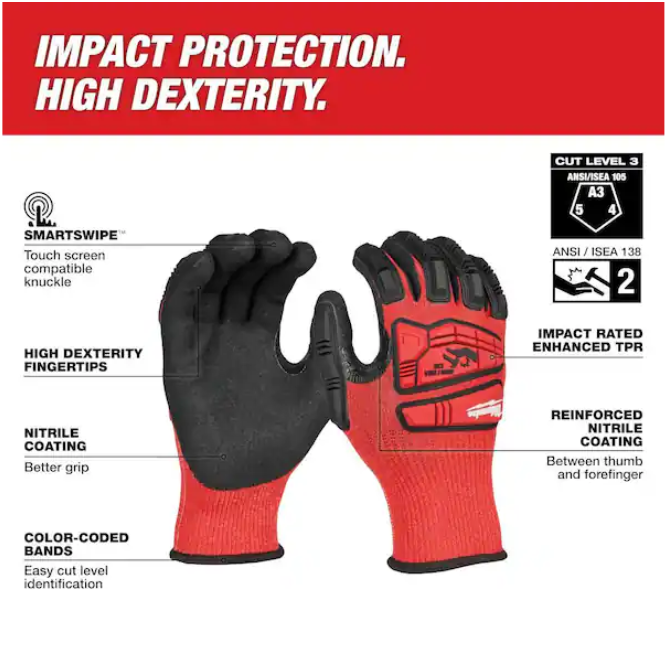 Milwaukee X-Large Red Nitrile Level 3 Cut Resistant Impact Gloves