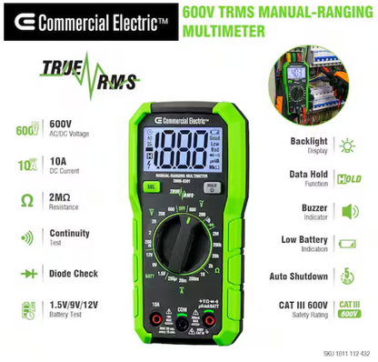 Commercial Electric 600-Volt True RMS Manual-Ranging Digital Multimeter
