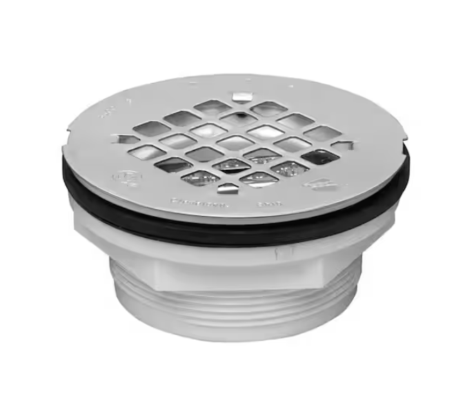 Oatey Round No-Caulk White PVC Shower Drain with 4-1/4 in. Round Snap-In Stainless Steel Drain Cover