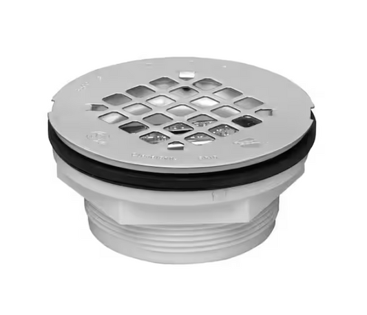 Oatey Round No-Caulk White PVC Shower Drain with 4-1/4 in. Round Snap-In Stainless Steel Drain Cover