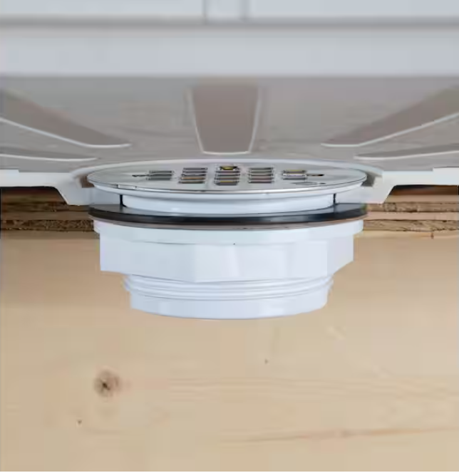 Oatey Round No-Caulk White PVC Shower Drain with 4-1/4 in. Round Snap-In Stainless Steel Drain Cover