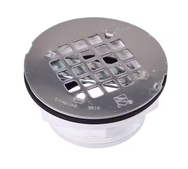 Oatey Round No-Caulk White PVC Shower Drain with 4-1/4 in. Round Snap-In Stainless Steel Drain Cover