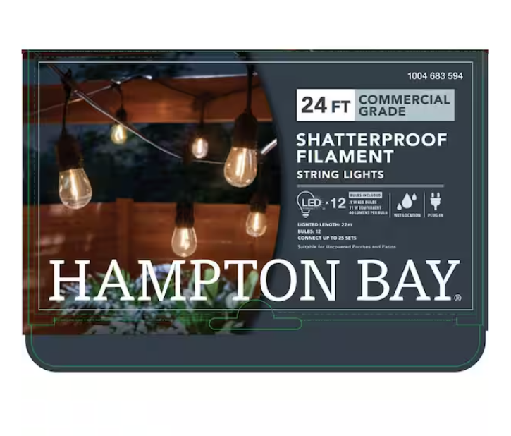 Hampton Bay 12-Light 24 ft. Plug-in Indoor/Outdoor Edison String Light with S14 Single Filament LED Bulbs