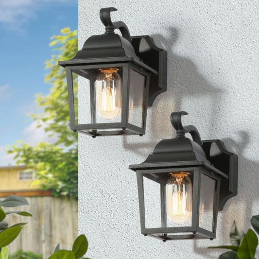 Uolfin Farmhouse Outdoor Wall Lights Black Lantern w/ Clear Glass Shade (2-Pack)