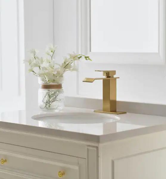 BWE Waterfall Single Hole Low-Arc Brushed Gold Bathroom Faucet w/ Pop-up Drain Assembly