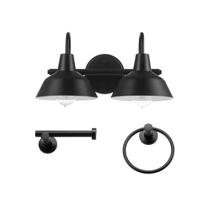 Globe Electric 63000004 3-Piece Bathroom Set, Matte Black, 15.5" 2-Light Vanity Light, Towel Ring, Toilet Paper Holder, Bulb Not Included