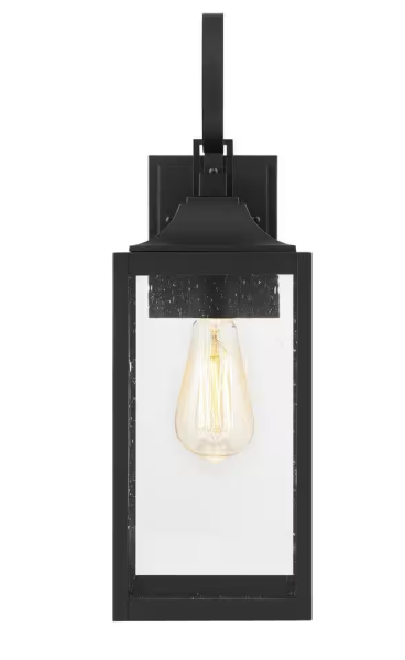 Home Decorators Collection Havenridge 19 in. 1-Light Matte Black Hardwired Outdoor Wall Lantern Sconce with Seeded Glass (1-Pack)