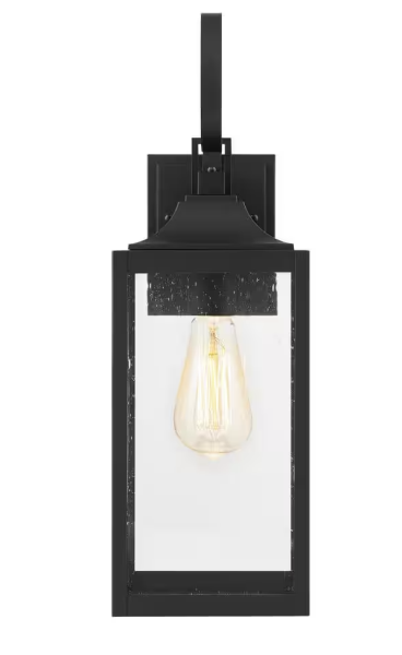 Home Decorators Collection Havenridge 19 in. 1-Light Matte Black Hardwired Outdoor Wall Light Lantern Sconce with Seeded Glass (1-Pack)
