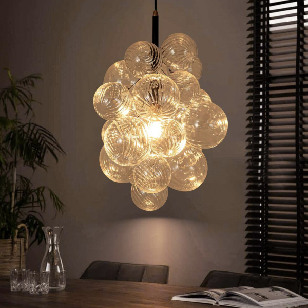 Cruce 1-Light Black Modern Cluster Clear Swirled Glass Globe Bubble Chandelier for Kitchen Island with Bulbs Included