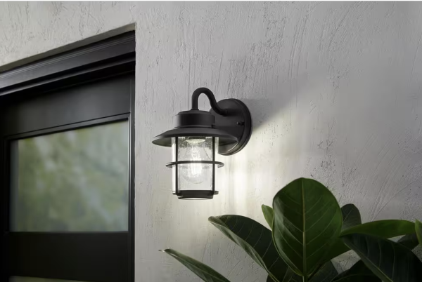 Hampton Bay 8.2 in. 1-Light Black Outdoor Wall Light Lantern Sconce (2-Pack)