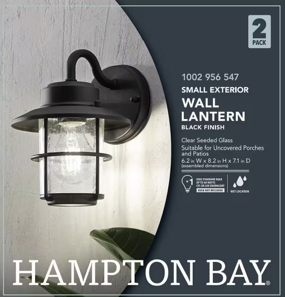 Hampton Bay 8.2 in. 1-Light Black Outdoor Wall Light Lantern Sconce (2-Pack)