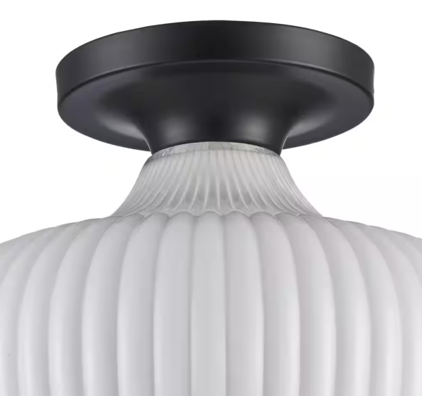 Bel Air Lighting Aristo 12 in. 1-Light Black Semi-Flush Mount Ceiling Light Fixture with White Ribbed Glass Shade