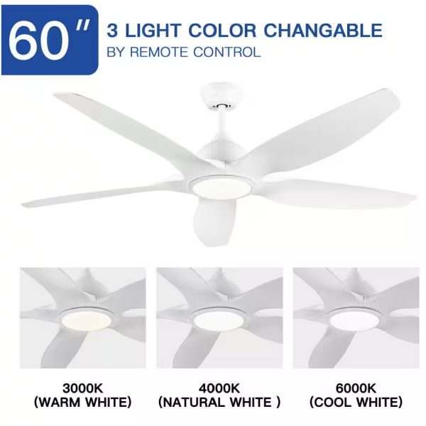 YUHAO 60 in. Integrated LED Indoor Matte White Ceiling Fan with Light Kit and Remote