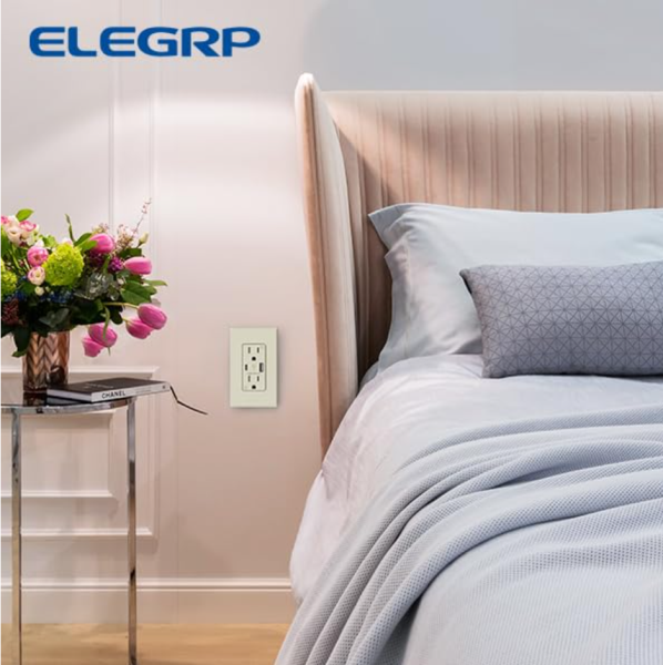 ELEGRP USB Charger Wall Outlet, USB Receptacle with USB A & USB C Ports, 15 Amp Duplex Tamper Resistant Receptacle Plug NEMA 5-15R, Wall Plate Included, UL Listed, 1 Pack, Matte Light Almond