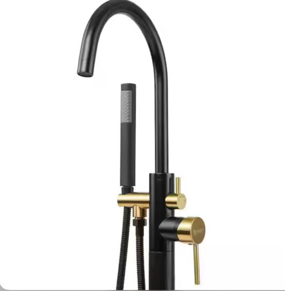 1-Handle Freestanding Floor Mount Tub Faucet Bathtub Filler with Hand Shower in Matte Black and Gold