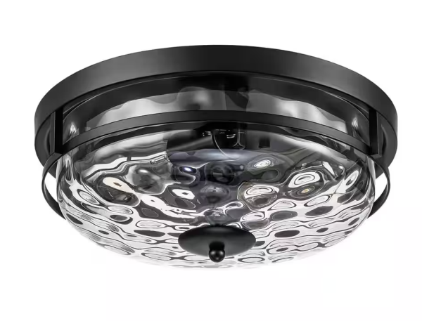 RRTYO Millikin 13 in. 2-Light Black Flush Mount Farmhouse Water Stone Glass