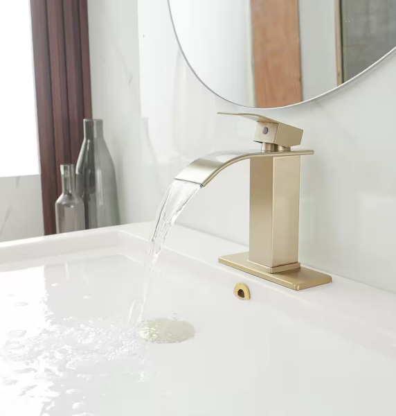 Waterfall Single Handle Single Hole Low-Arc Bathroom Faucet Bathroom Drip-Free Vanity Sink Faucet in Brushed Gold