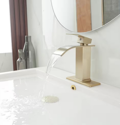 BWE Waterfall Single Handle Single Hole Low-Arc Bathroom Faucet Bathroom Drip-Free Vanity Sink Faucet in Brushed Gold