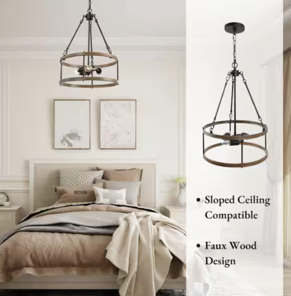 LNC Brown Drum Chandelier 3-Light Cage Black Pendant Farmhouse Chandelier for Foyer with Faux Wood Accents