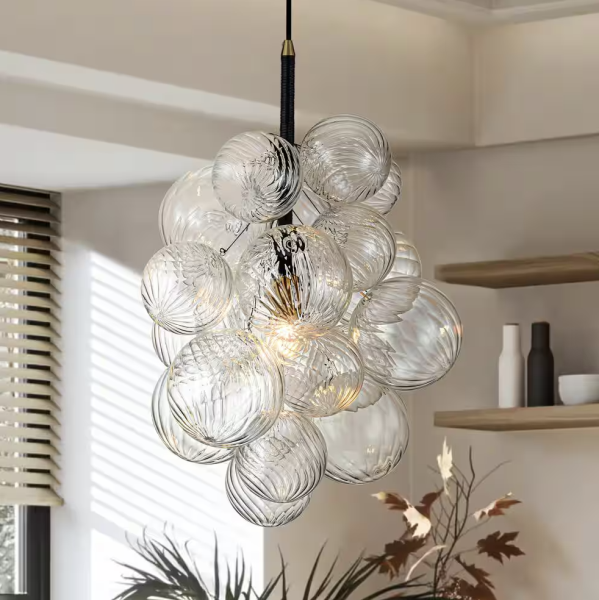 Cruce 1-Light Black Modern Cluster Clear Swirled Glass Globe Bubble Chandelier for Kitchen Island with Bulbs Included