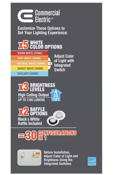 Commercial Electric 4 in. 30 Lighting Options Integrated LED Recessed Light Trim Adjustable CCT New Construction Remodel Indoor Wet Rated