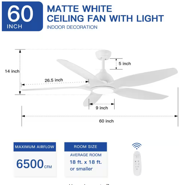 YUHAO 60 in. Integrated LED Indoor Matte White Ceiling Fan with Light Kit and Remote