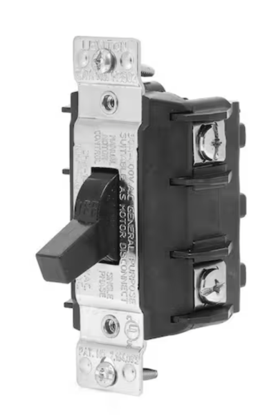 Leviton 30 Amp 600 Volt Industrial Grade Double Pole Single Phase AC Manual Motor Controller Toggle Switch - Black