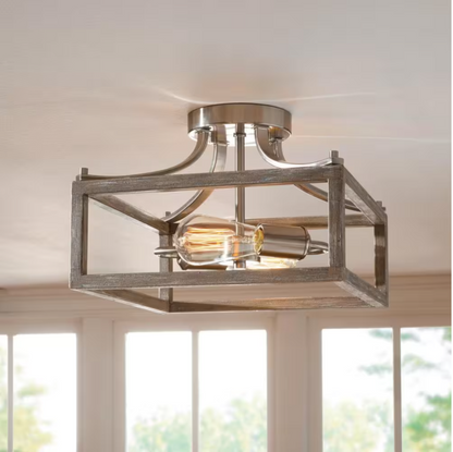 Hampton Bay Boswell Brushed Nickel Farmhouse Semi-Flush Mount Light with Painted Weathered Gray Wood Accents