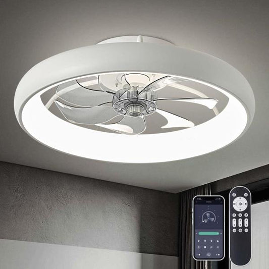 ANTOINE 20 in. LED Indoor White Bladeless App Control Low Profile Ceiling Fan with Light Semi Flush Mount Bedroom Lighting