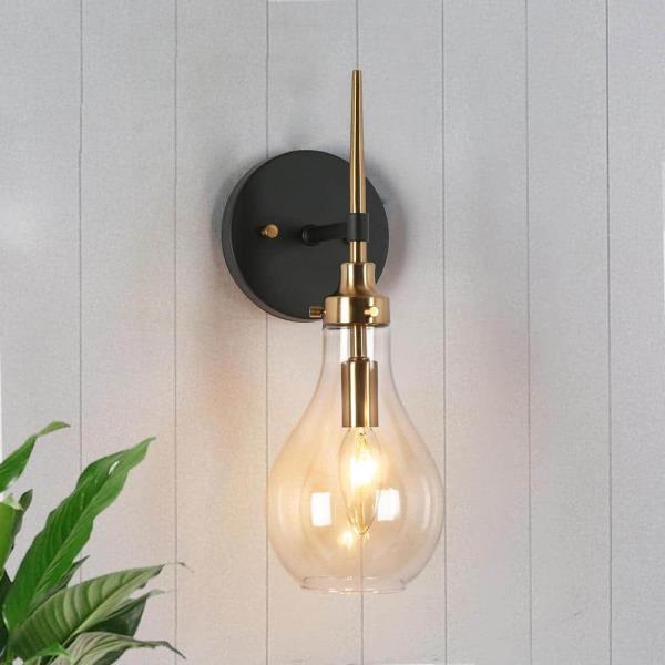 Uolfin 15-in H. Modern Bedroom Teardrop Wall Sconce 1-Light Black and Brass Gold Bathroom Vanity Light with Clear Glass Shade