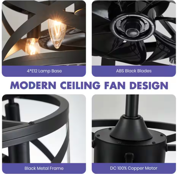 17 in. Indoor Black Ceiling Fan Farmhouse Caged Ceiling Fan with Lights and Remote Enclosed Ceiling Fan