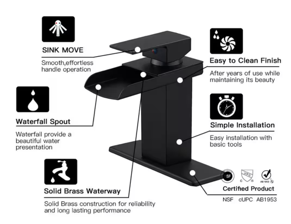 BWE Waterfall Single Hole Single-Handle Low-Arc Bathroom Faucet With Pop-up Drain Assembly in Matte Black