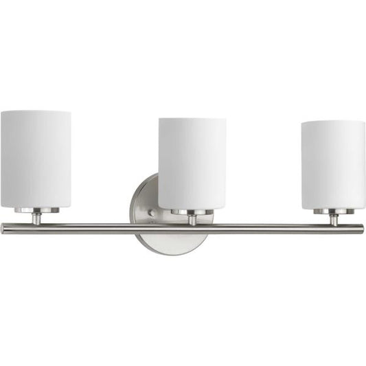 Replay Collection 22 in. 3-Light Brushed Nickel Etched White Glass Modern Bathroom Vanity Light