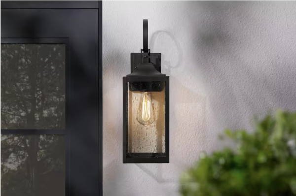 Home Decorators Collection Havenridge 19 in. 1-Light Matte Black Hardwired Outdoor Wall Light Lantern Sconce with Seeded Glass (1-Pack)