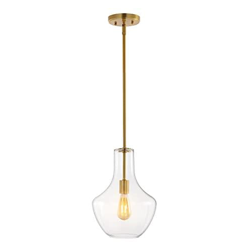 Watts 10.5 in. 1-Light Brass Gold/Clear Mid-Century Modern Iron/Glass LED Schoolhouse Pendant