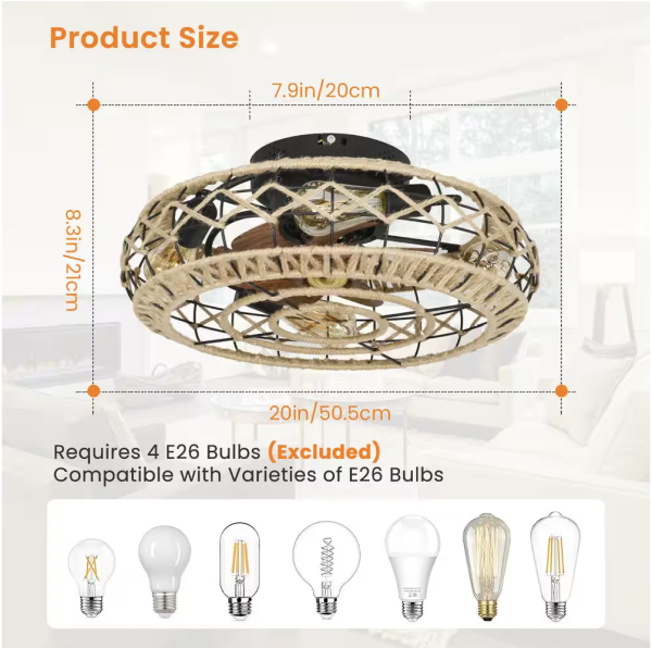 20 in. Smart Indoor 4 Light Rope Caged Low Profile Ceiling Fan Light w/Remote