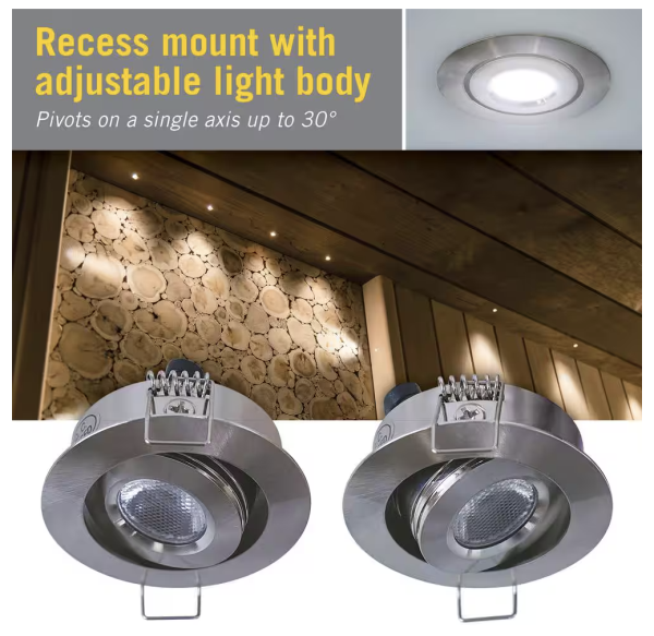 Armacost Lighting 2 in. Bright White Recessed LED Swivel Puck Light, Brushed Steel