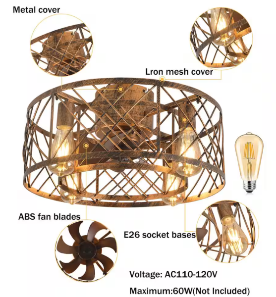 19.7 in. Indoor Brown Retro Farmhouse Metal Caged Ceiling Fan with Light Kit and Remote Control