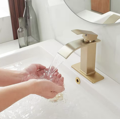 BWE Waterfall Single Handle Single Hole Low-Arc Bathroom Faucet Bathroom Drip-Free Vanity Sink Faucet in Brushed Gold