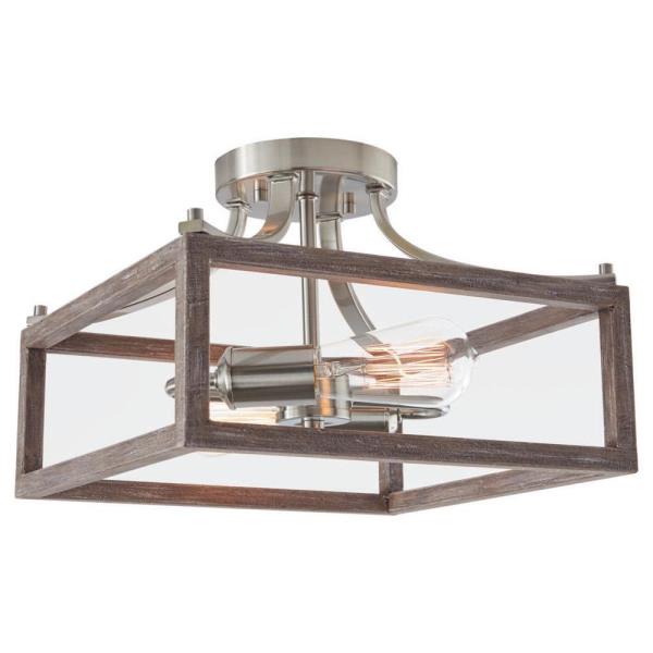 Hampton Bay Boswell Brushed Nickel Farmhouse Semi-Flush Mount Light with Painted Weathered Gray Wood Accents