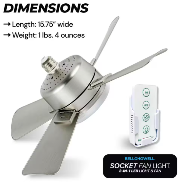 Socket Fan 15.7 in. Indoor LED Bright Light Nickel Ceiling Fan with Remote