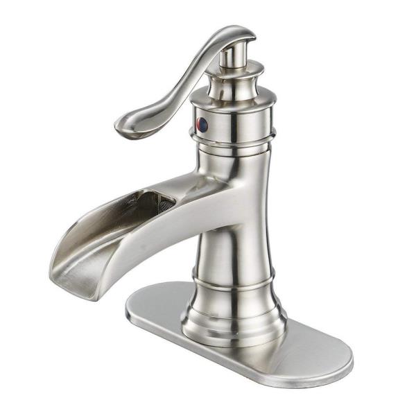 BWE Bathroom Faucet Brushed Nickel Waterfall Sink Bath Faucets Single Handle Hole Lavatory Vanity Restroom Commercial Water Supply Lines Hose Polished