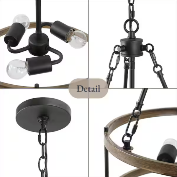 LNC Brown Drum Chandelier 3-Light Cage Black Pendant Farmhouse Chandelier for Foyer with Faux Wood Accents