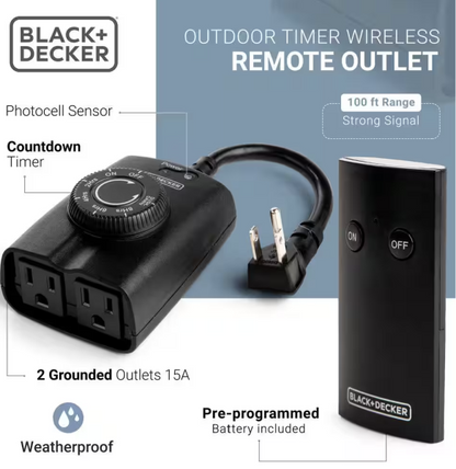 BLACK+DECKER Outdoor Wireless Outlet with Remote 2 Grounded Outlets Photocell Sensor