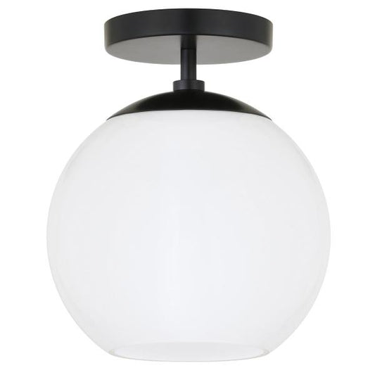 Bartlett 9 in. 1-Light Matte Black and White Milk Glass Semi-Flush Mount