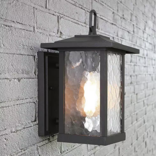 Modern Black Outdoor Wall Sconce, Farmhouse Lantern Coach Light with Waterglass Shade, 1-Light Porch Patio Deck Lighting